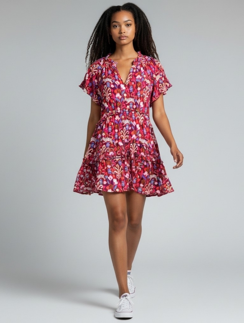 Anthropologie Robin Tiered Ruffle Mini Dress Red Ikat Floral Viscose Boho Medium